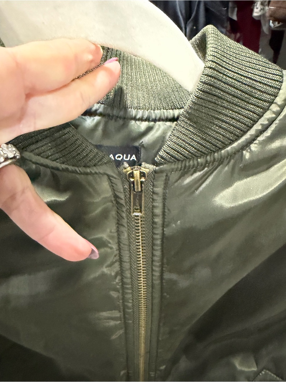 Aqua Olive Green Satin Bomber Jacket with Gold Zipper